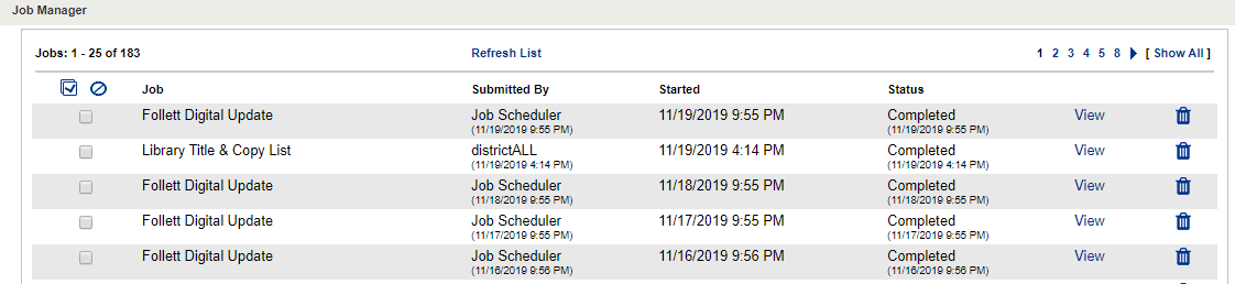 District User Job Manager job list.