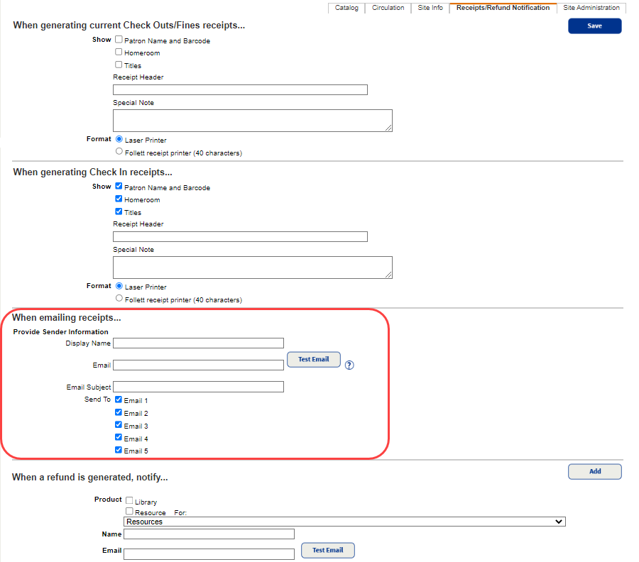 Receipts/Refund Notification sub-tab with When emailing receipts section highlighted.