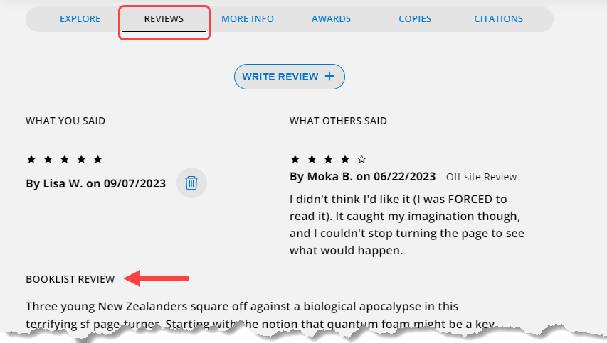 Title details Reviews section with TitlePeek information highlighted.