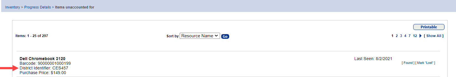 Items unaccounted for page with District Identifier highlighted.