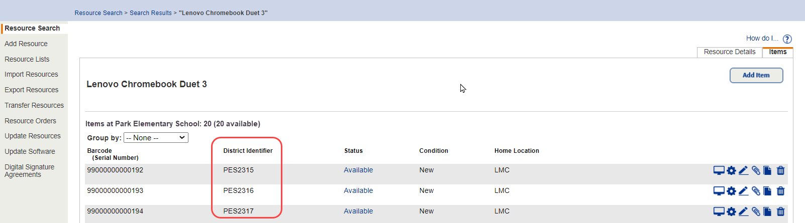 Search results items view with District Identifier column highlighted.