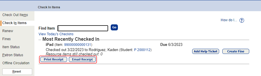 Check In items page with Print Receipt and Email Receipt buttons highlighted.