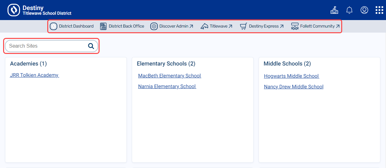 District landing page with Search Sites field highlighted.