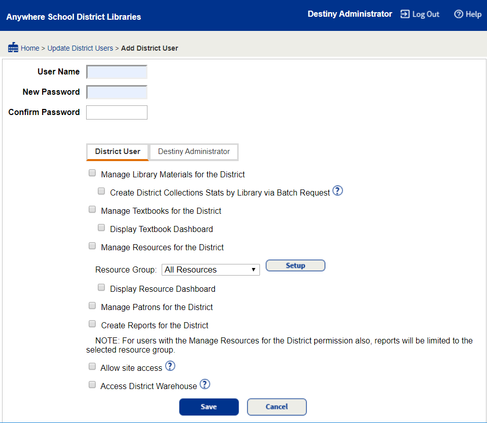 District User Setup page.