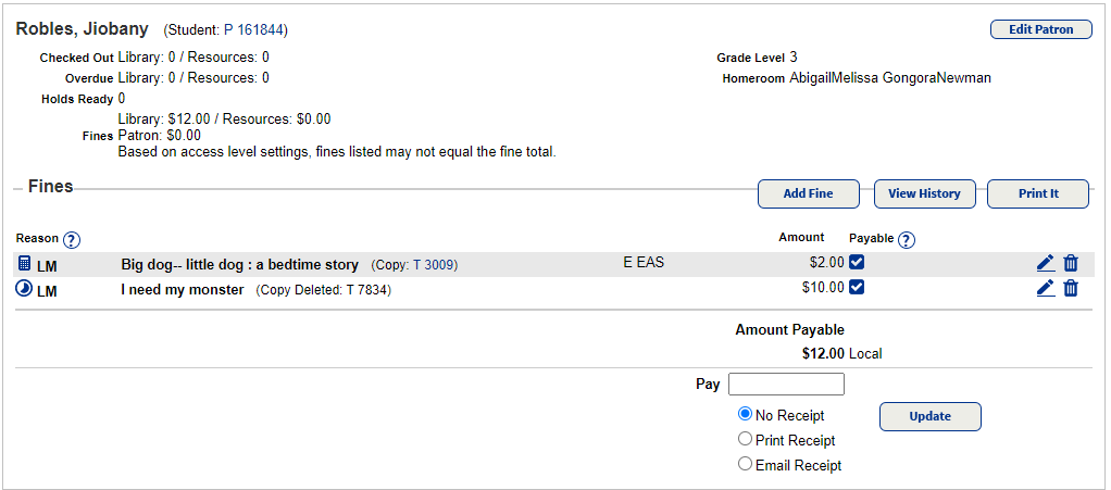 Fines page with unpaid fines.