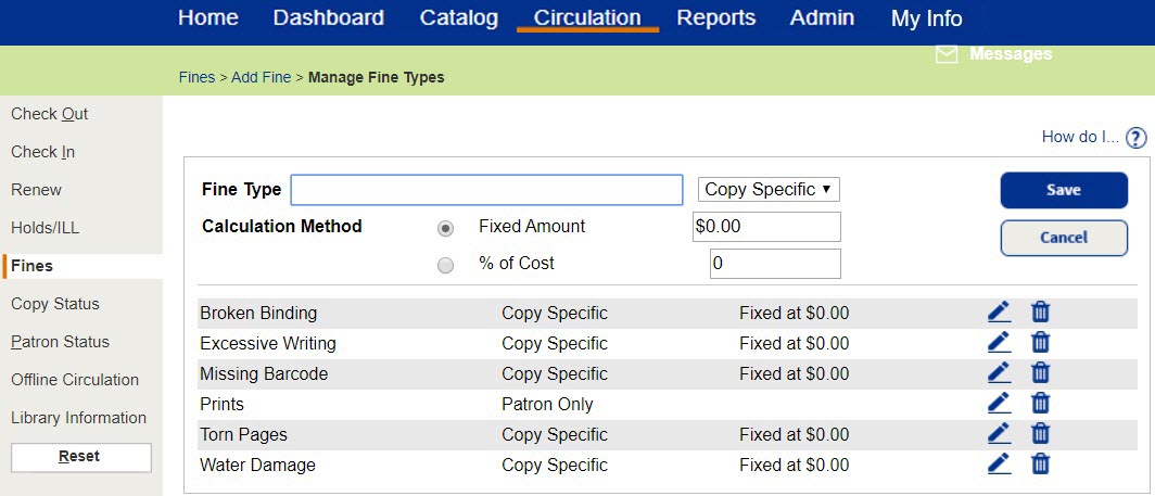 Manage Fine Types page.