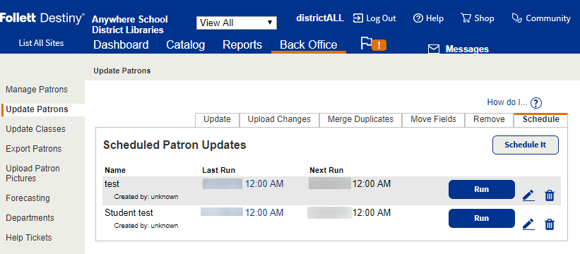 District Update Patrons page Schedule sub-tab