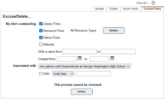 Update Patron page Excuse Fines sub-tab