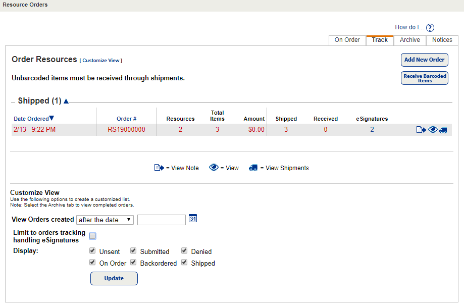 Catalog, Resource Orders, Track sub-tab, View shipment.