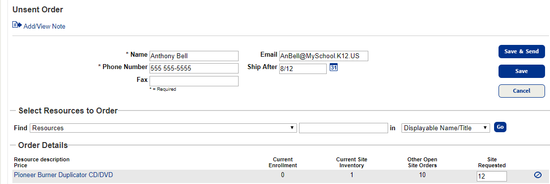 Example of an unsent order with a note.